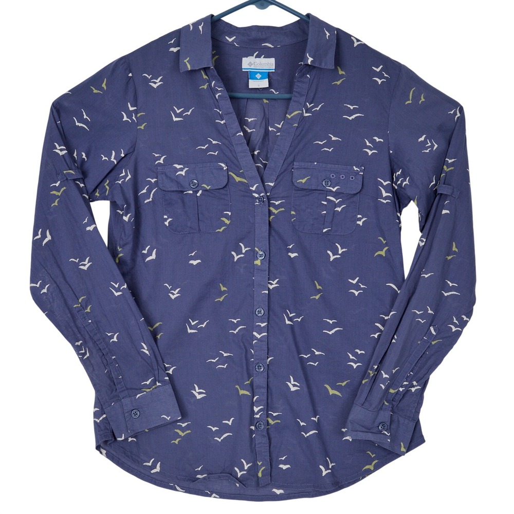Columbia PFG Shirt Womens Small Blue Bird Print Roll Tab Long Sleeve Cotton - Picture 3 of 15